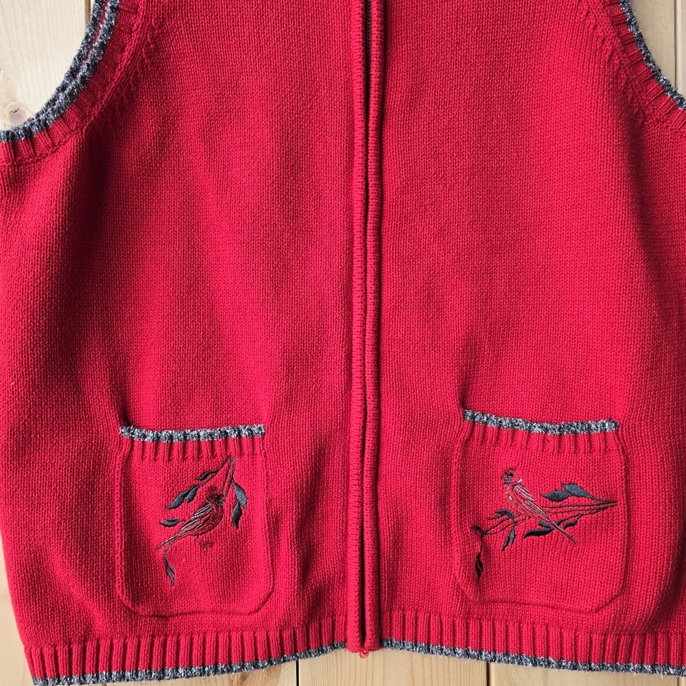 Northern Reflections Red Zip Up  Knit Sweater Vest Birds Cardinals Womens Large - Picture 3 of 10